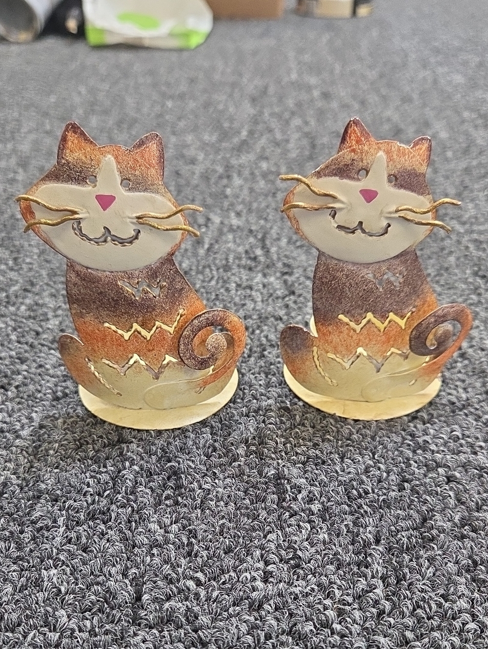 Decorative Brown Metal Cat Candle Holders - Pair  2" X 4 1/2"